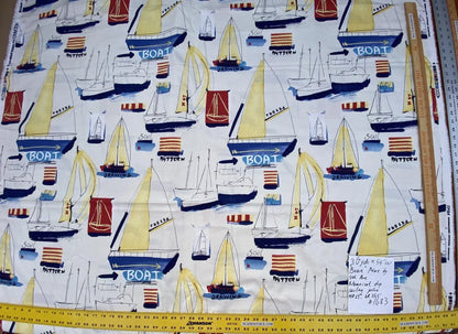 3.6y Nautical Boat Ship Ragata Ocean Sailling Print White Blue Yellow Red Cotton