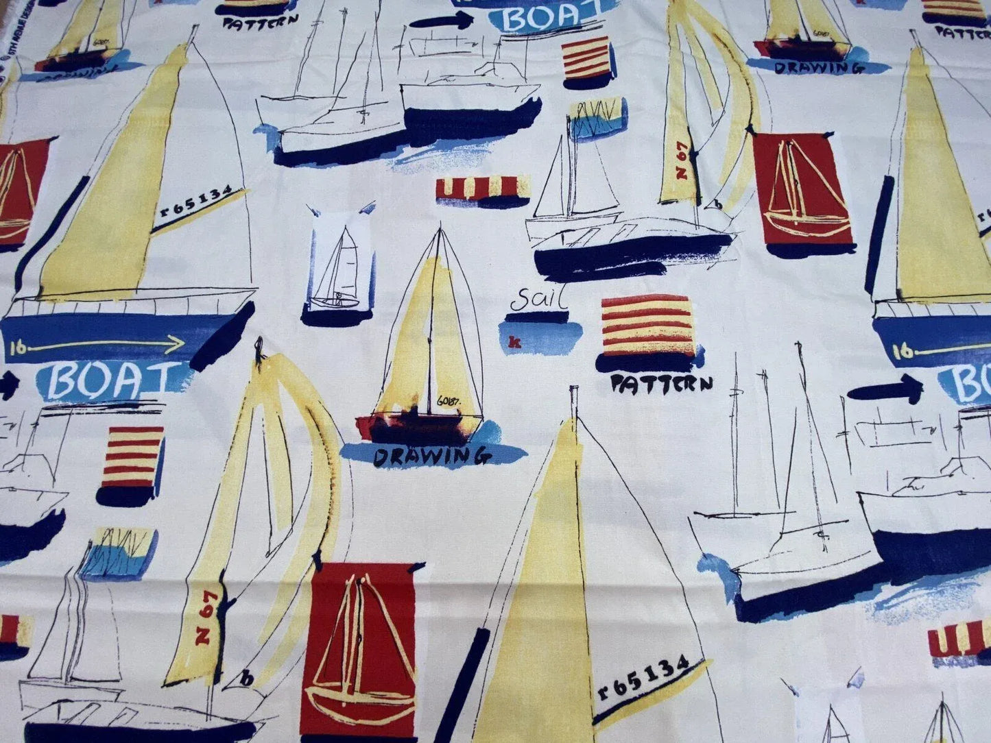 3.6y Nautical Boat Ship Ragata Ocean Sailling Print White Blue Yellow Red Cotton