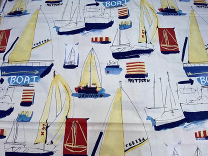 3.6y Nautical Boat Ship Ragata Ocean Sailling Print White Blue Yellow Red Cotton