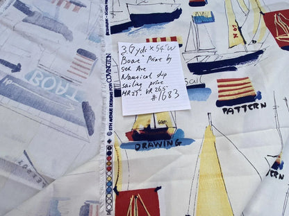 3.6y Nautical Boat Ship Ragata Ocean Sailling Print White Blue Yellow Red Cotton