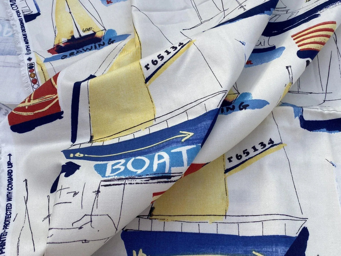 3.6y Nautical Boat Ship Ragata Ocean Sailling Print White Blue Yellow Red Cotton