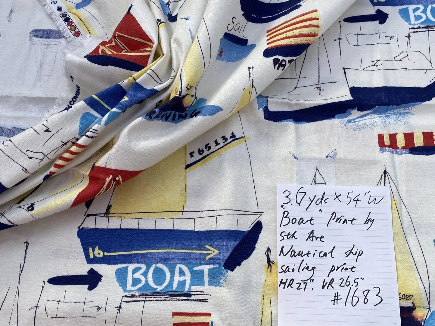3.6y Nautical Boat Ship Ragata Ocean Sailling Print White Blue Yellow Red Cotton
