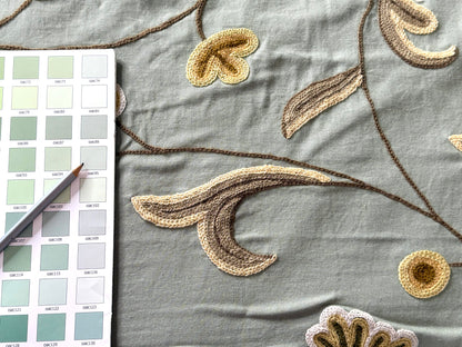 By YARD Scalamandre Sindia Green Aqua Blue Wool Crewel MSRP USD 300/Y