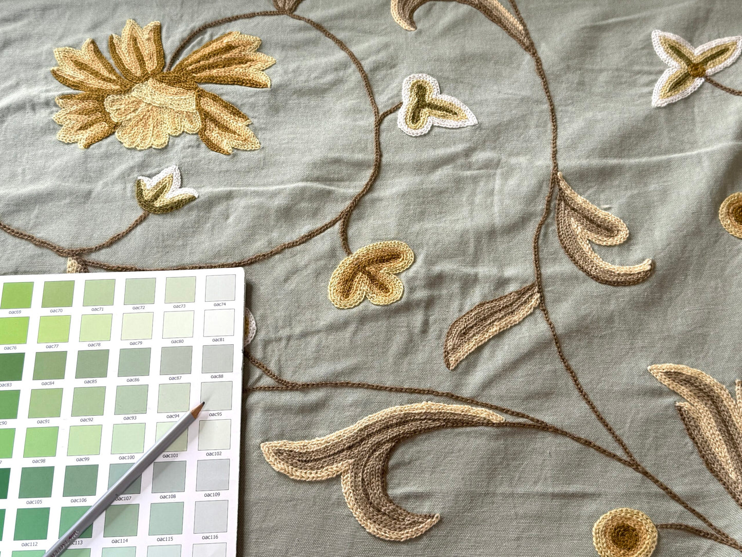 By YARD Scalamandre Sindia Green Aqua Blue Wool Crewel MSRP USD 300/Y