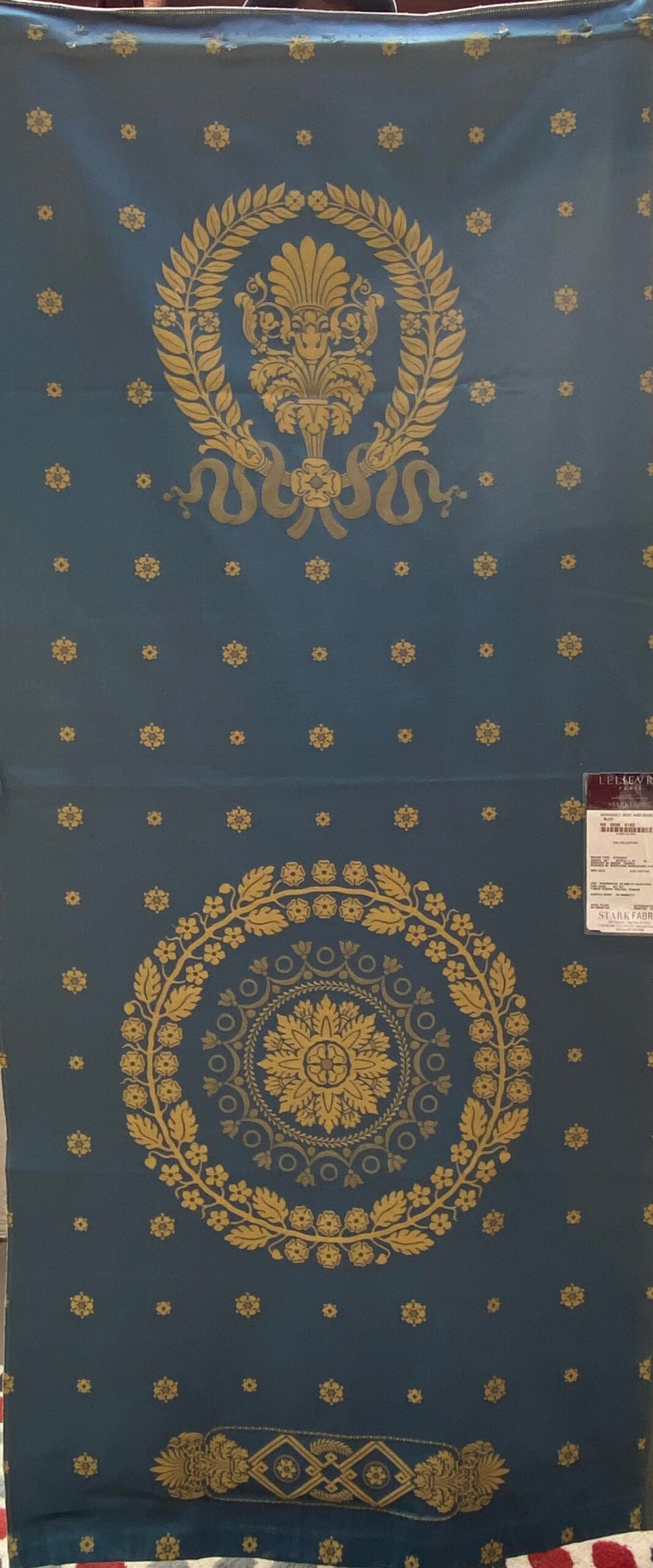 5 Berkbox101 Square Silk by Lelievre Paris Gericault Seat and Back Bleu Blue Gold White House Neoclassic Medallion Chair Seats 25"L x 58"W MSRP USD500+/y