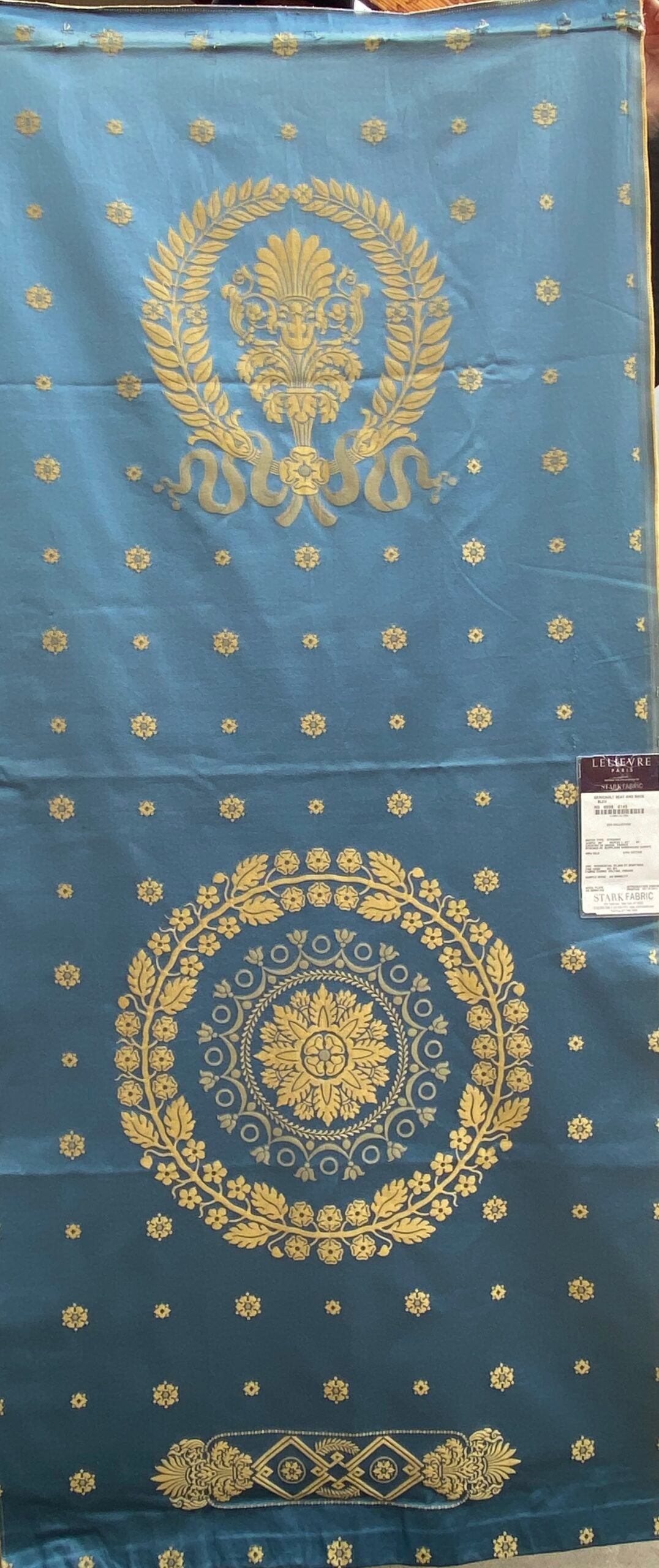 5 Berkbox101 Square Silk by Lelievre Paris Gericault Seat and Back Bleu Blue Gold White House Neoclassic Medallion Chair Seats 25"L x 58"W MSRP USD500+/y