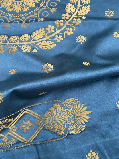 5 Berkbox101 Square Silk by Lelievre Paris Gericault Seat and Back Bleu Blue Gold White House Neoclassic Medallion Chair Seats 25"L x 58"W MSRP USD500+/y