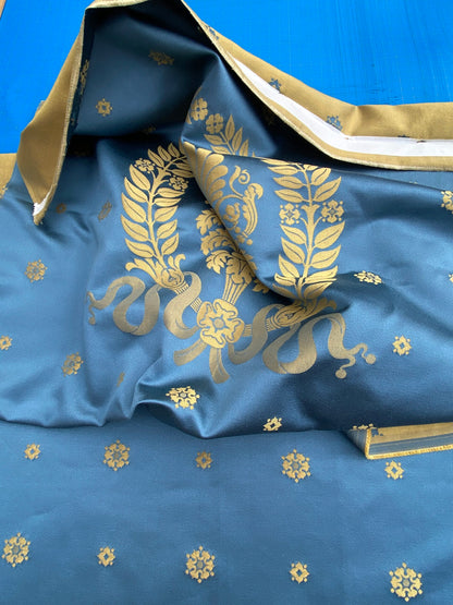 5 Berkbox101 Square Silk by Lelievre Paris Gericault Seat and Back Bleu Blue Gold White House Neoclassic Medallion Chair Seats 25"L x 58"W MSRP USD500+/y