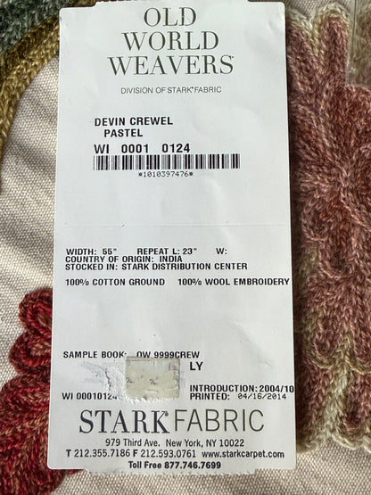 2.5yard Scalamandre Old World Weavers Devin Crewel Pastel Floral Botanical Wool Embroidery on Cotton Beige MSRP USD456/y