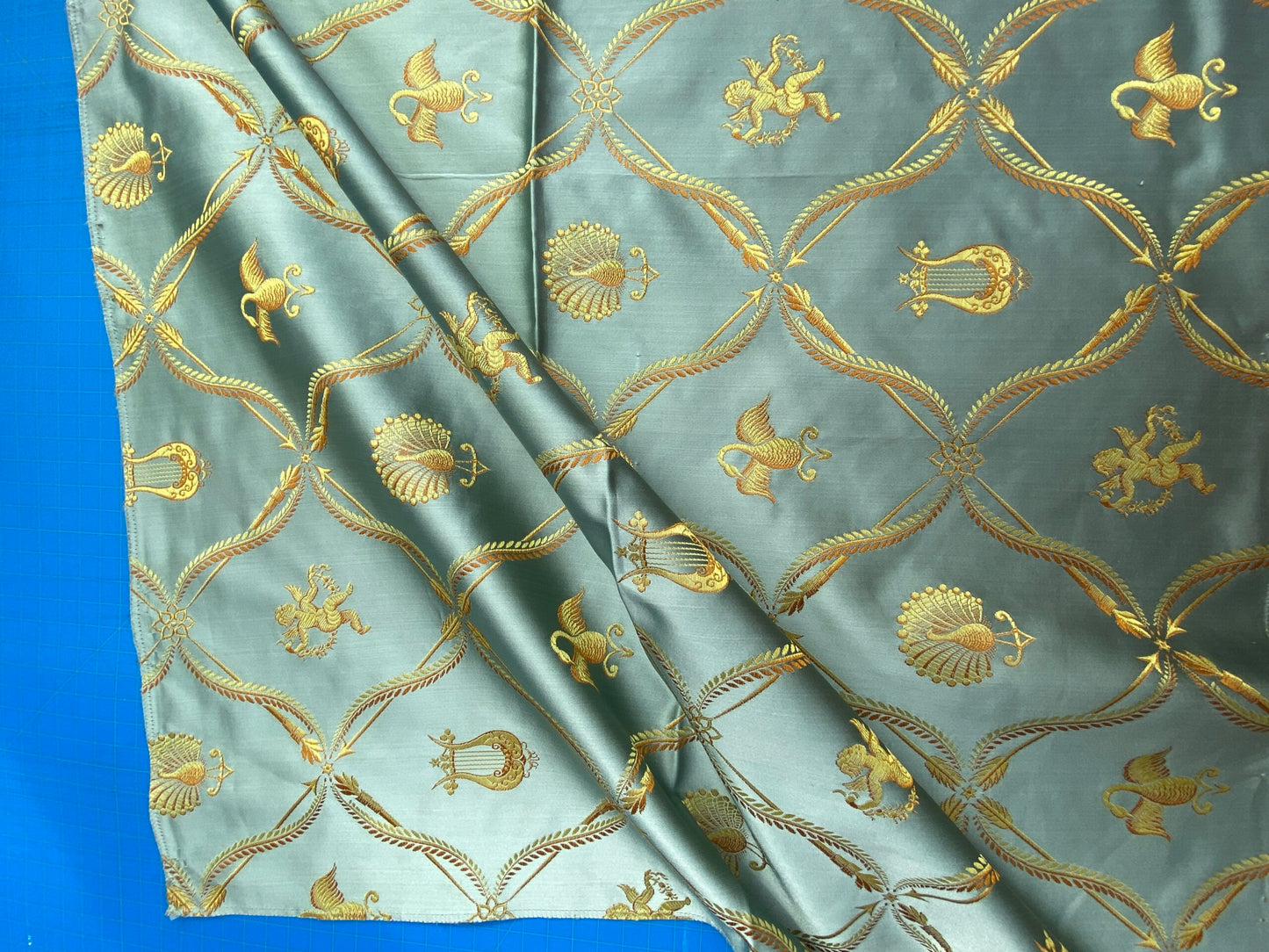 13 Berkbox101 Square Silk by Lelievre Paris Lampas Suchet Nattier Blue Gold Bird Animal Diamond Ogee Historic MSRP USD 1,122/y