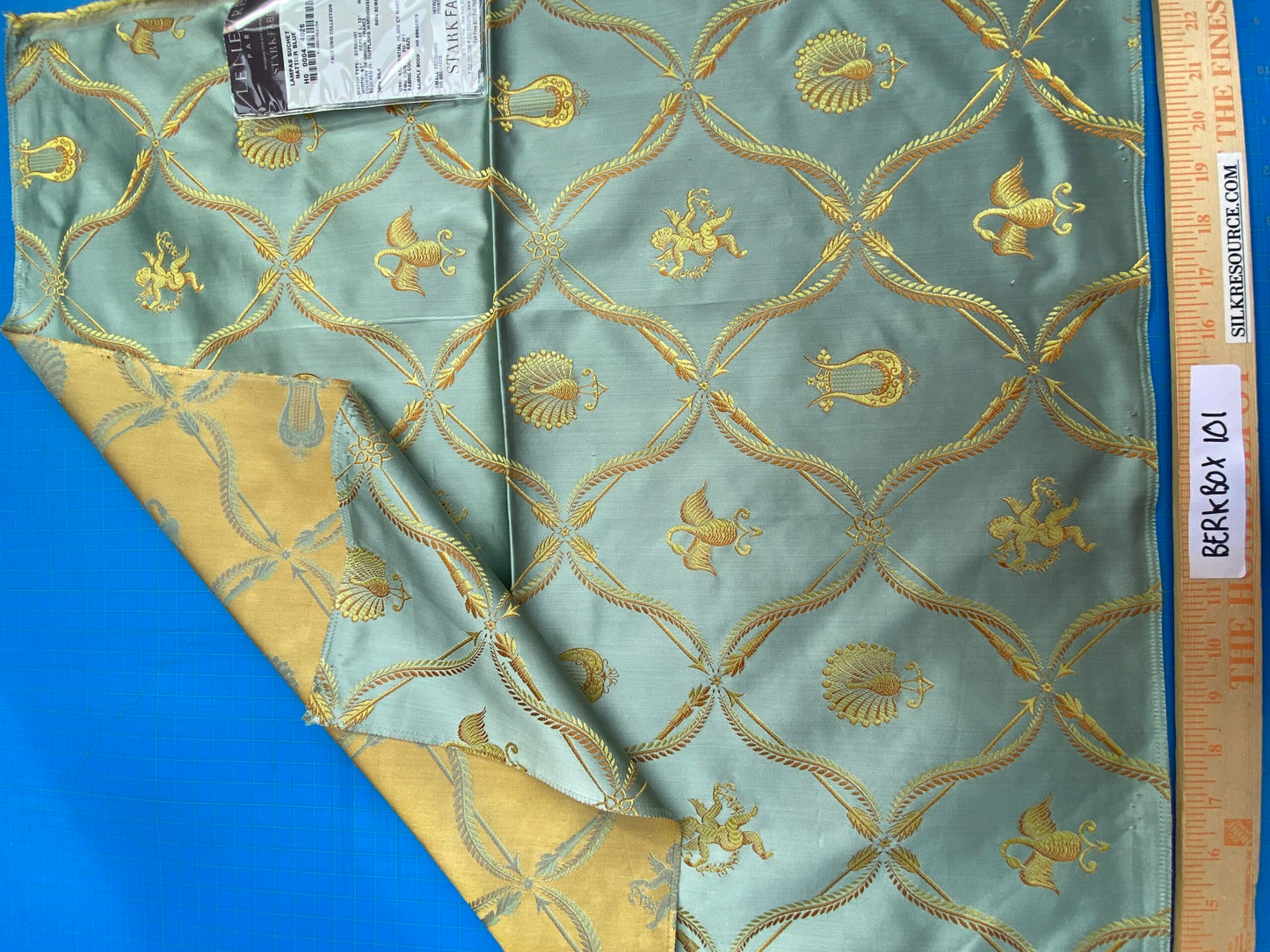 13 Berkbox101 Square Silk by Lelievre Paris Lampas Suchet Nattier Blue Gold Bird Animal Diamond Ogee Historic MSRP USD 1,122/y