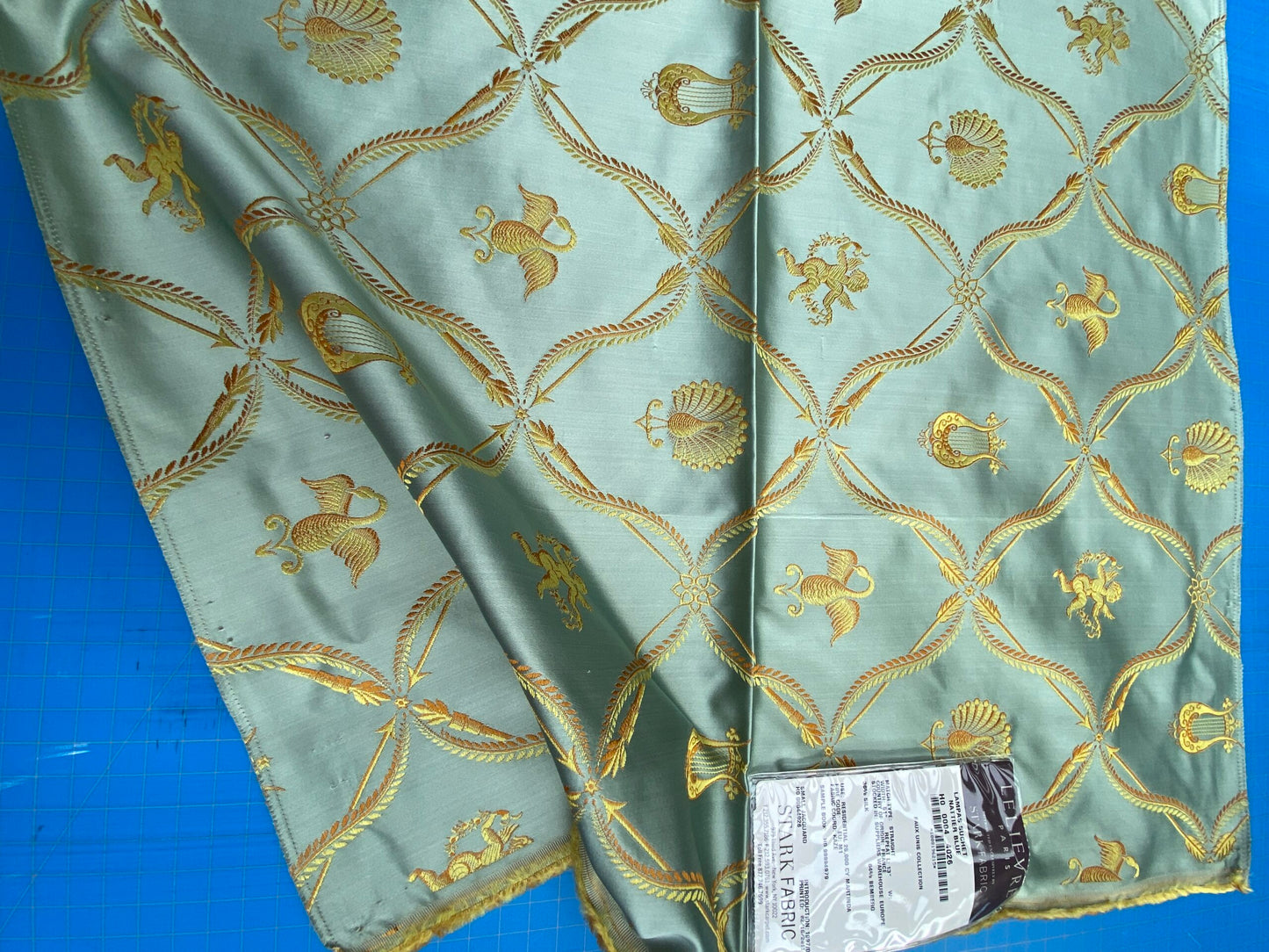13 Berkbox101 Square Silk by Lelievre Paris Lampas Suchet Nattier Blue Gold Bird Animal Diamond Ogee Historic MSRP USD 1,122/y