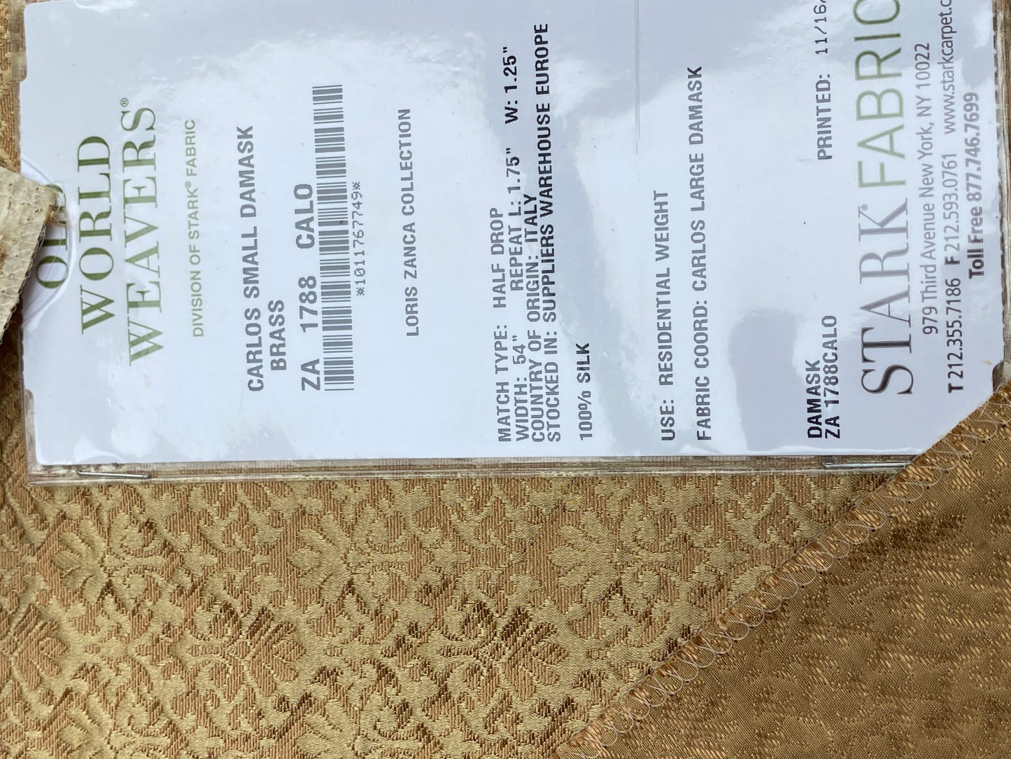 20 Berkbox101 Square Silk by Old World Weavers Carlos Small Damask Brass Gold Small Scale MSRP USD300+/y