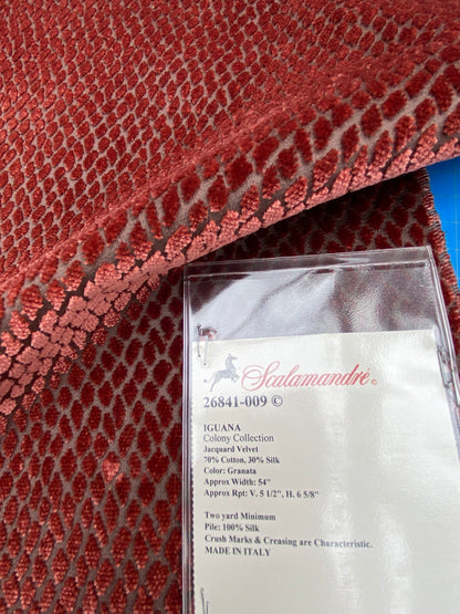 29 Berkbox101 Square Silky by Scalamandre Iguana Granata Red Small Scale Silk Cotton Jacquard Velvet MSRP USD300+/y