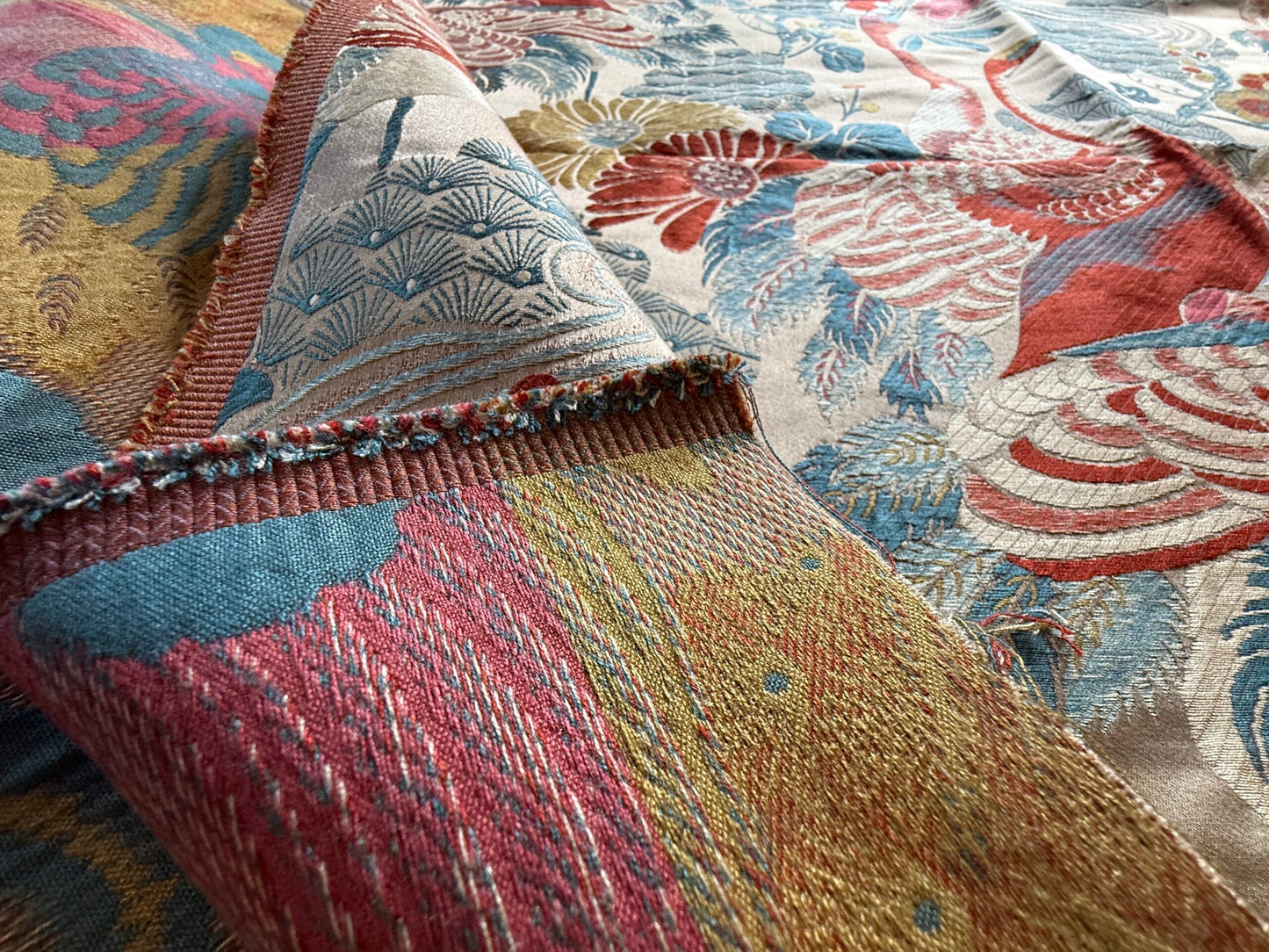 By Yard Kravet Kimono Inspired Oriental Crane Bird Haute Red Lampas MSRP USD 318/y