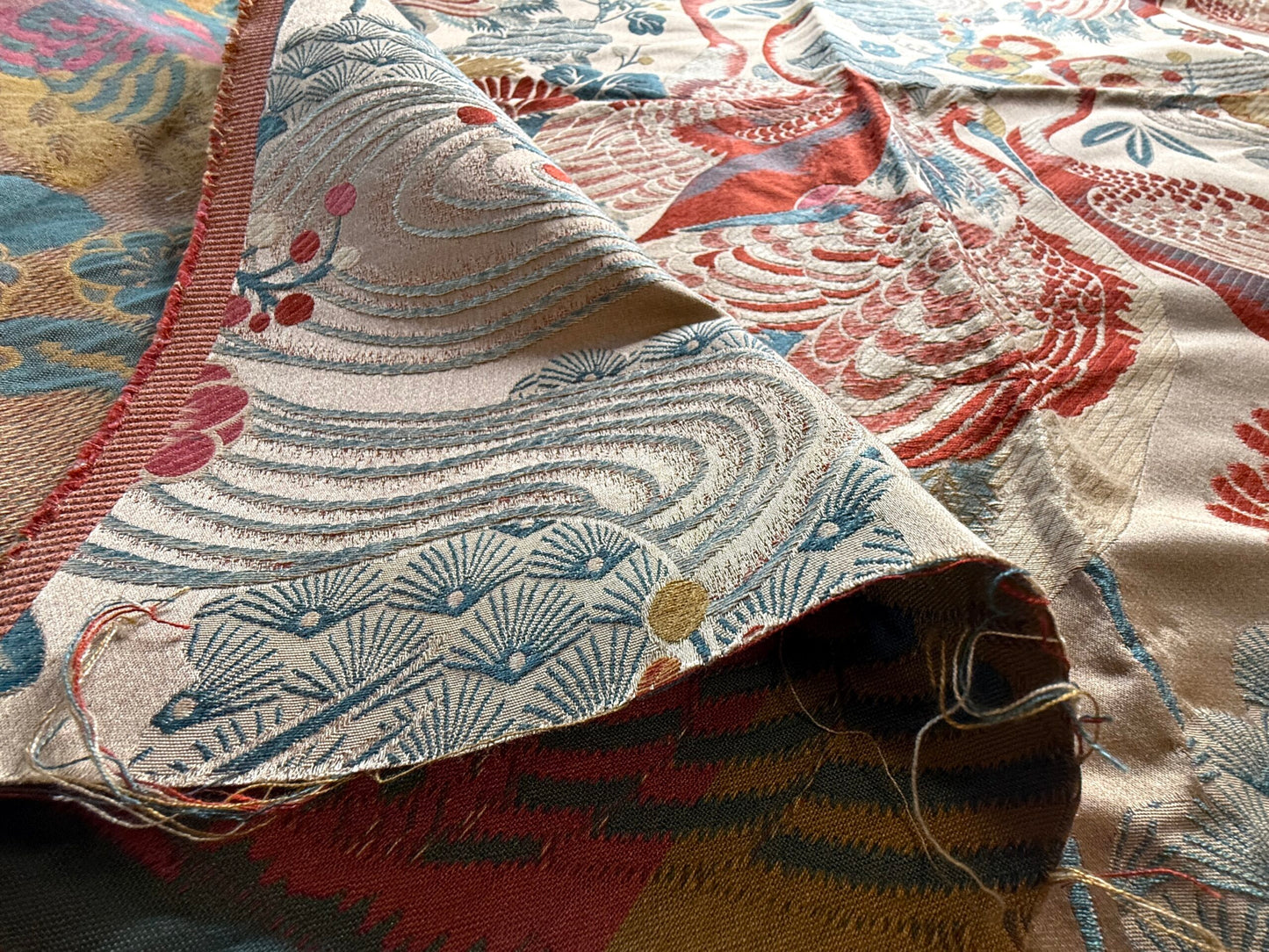 By Yard Kravet Kimono Inspired Oriental Crane Bird Haute Red Lampas MSRP USD 318/y