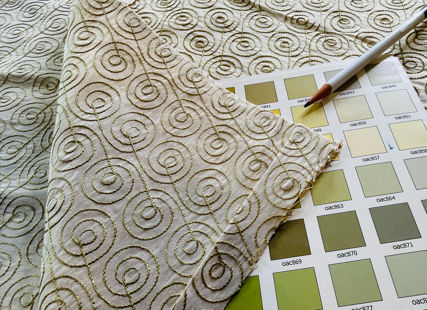 Grey Watkins Scalamandre Constant Motion Pale Celery Green on Cream White Music Note Fiddle Head - 1.2 yards - MSRP USD 160/Y