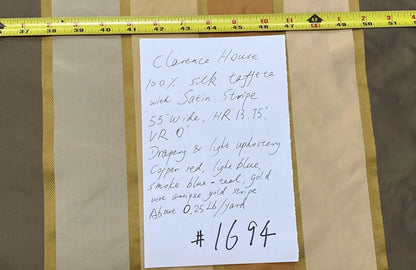 Clarence House 100% Silk Taffeta Satin Stripe Copper Red, Light Blue, Smoky Teal Blue and Gold MSRP USD250+/Y
