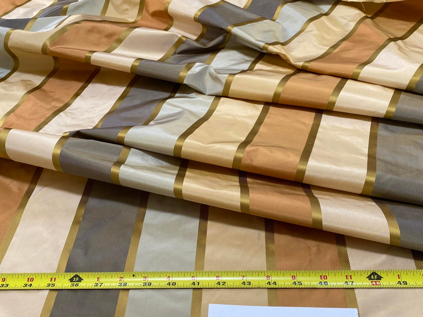 Clarence House 100% Silk Taffeta Satin Stripe Copper Red, Light Blue, Smoky Teal Blue and Gold MSRP USD250+/Y