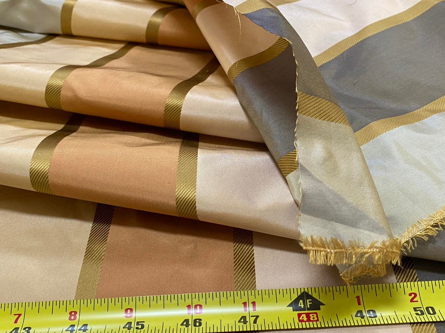 Clarence House 100% Silk Taffeta Satin Stripe Copper Red, Light Blue, Smoky Teal Blue and Gold MSRP USD250+/Y