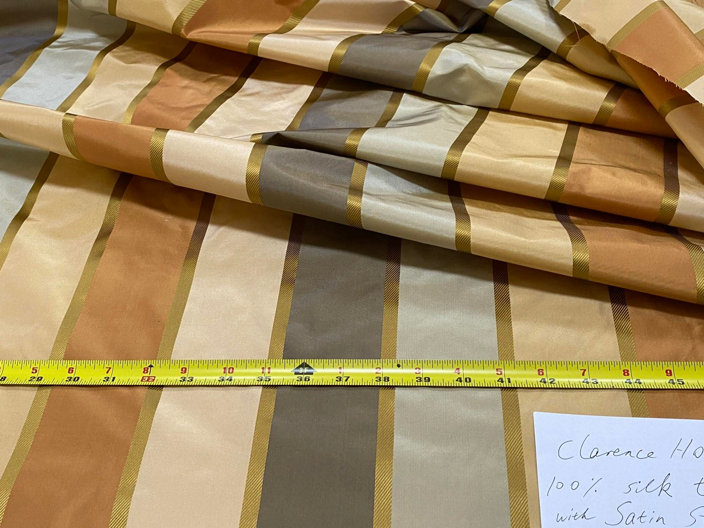 Clarence House 100% Silk Taffeta Satin Stripe Copper Red, Light Blue, Smoky Teal Blue and Gold MSRP USD250+/Y