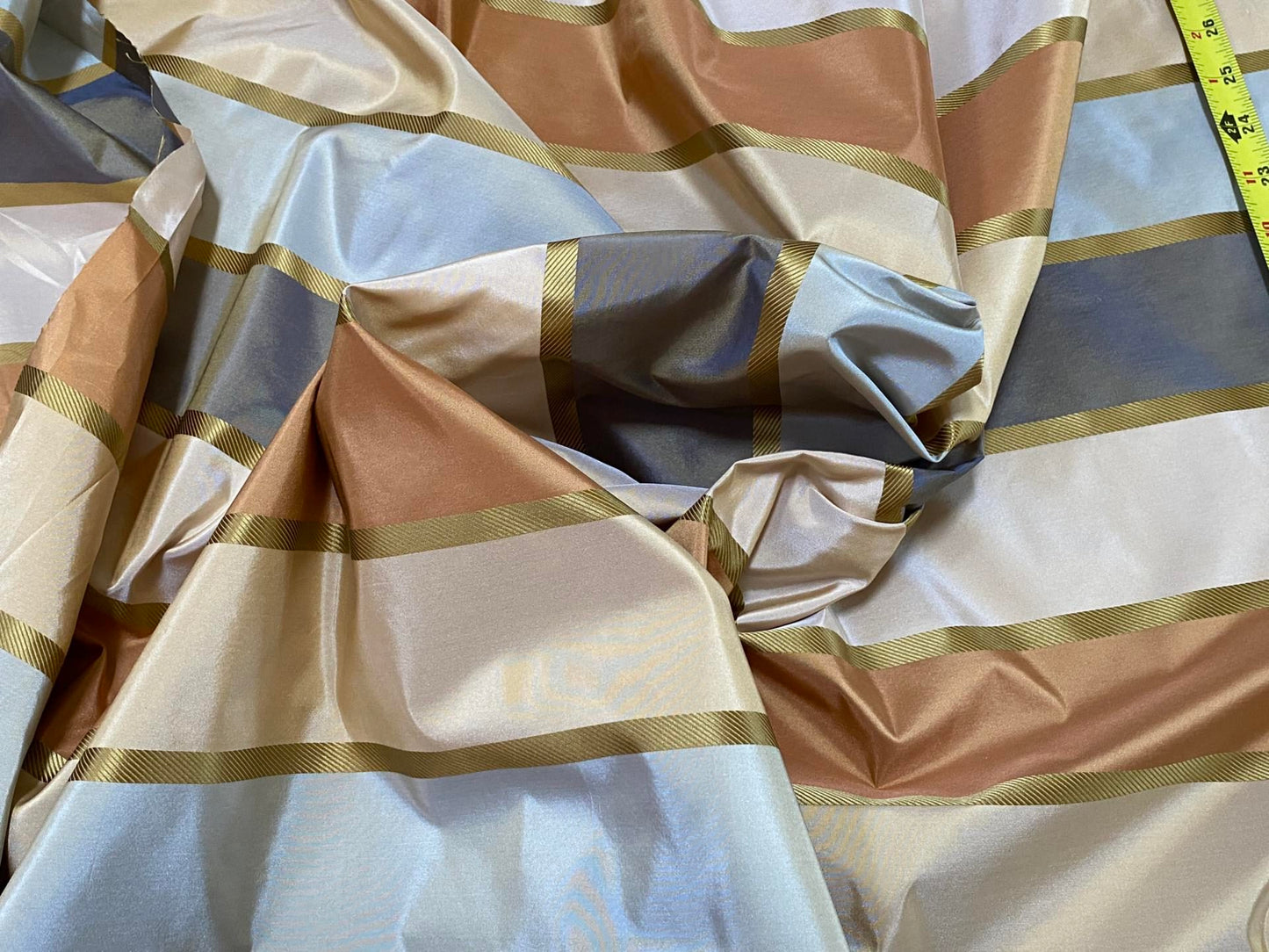 Clarence House 100% Silk Taffeta Satin Stripe Copper Red, Light Blue, Smoky Teal Blue and Gold MSRP USD250+/Y