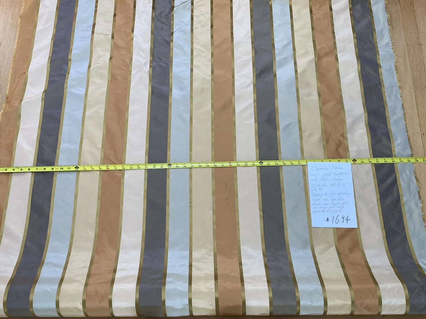 Clarence House 100% Silk Taffeta Satin Stripe Copper Red, Light Blue, Smoky Teal Blue and Gold MSRP USD250+/Y