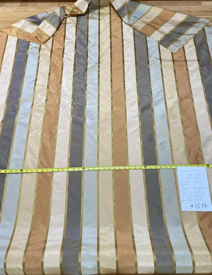 Clarence House 100% Silk Taffeta Satin Stripe Copper Red, Light Blue, Smoky Teal Blue and Gold MSRP USD250+/Y