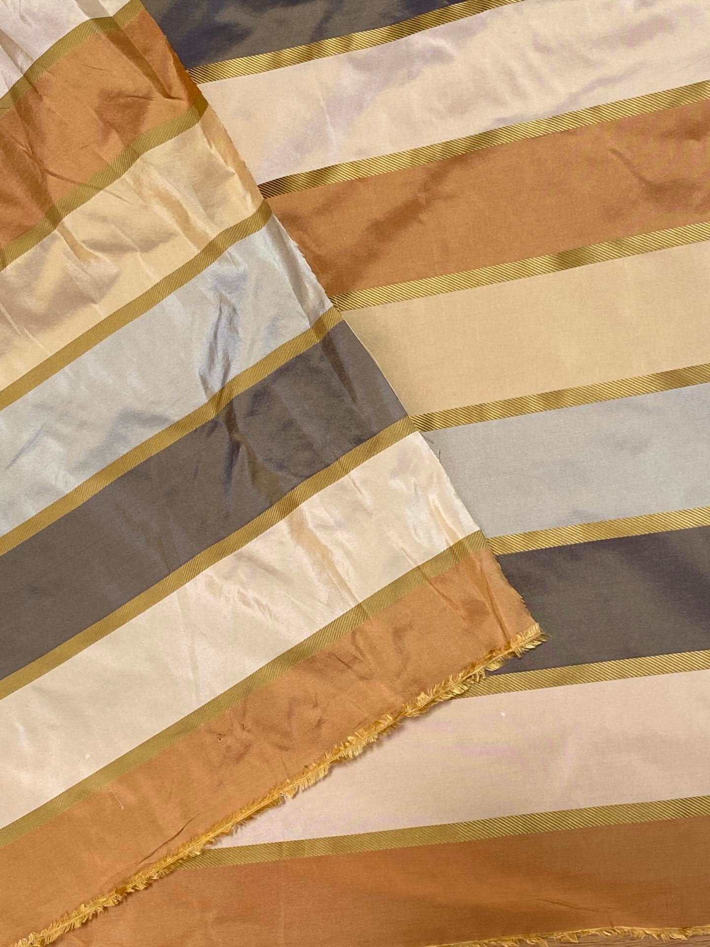 Clarence House 100% Silk Taffeta Satin Stripe Copper Red, Light Blue, Smoky Teal Blue and Gold MSRP USD250+/Y