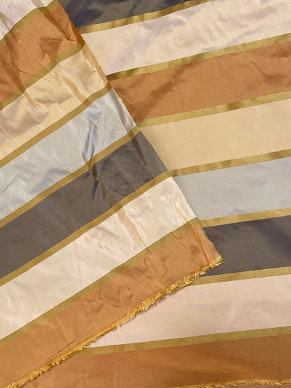 Clarence House 100% Silk Taffeta Satin Stripe Copper Red, Light Blue, Smoky Teal Blue and Gold MSRP USD250+/Y
