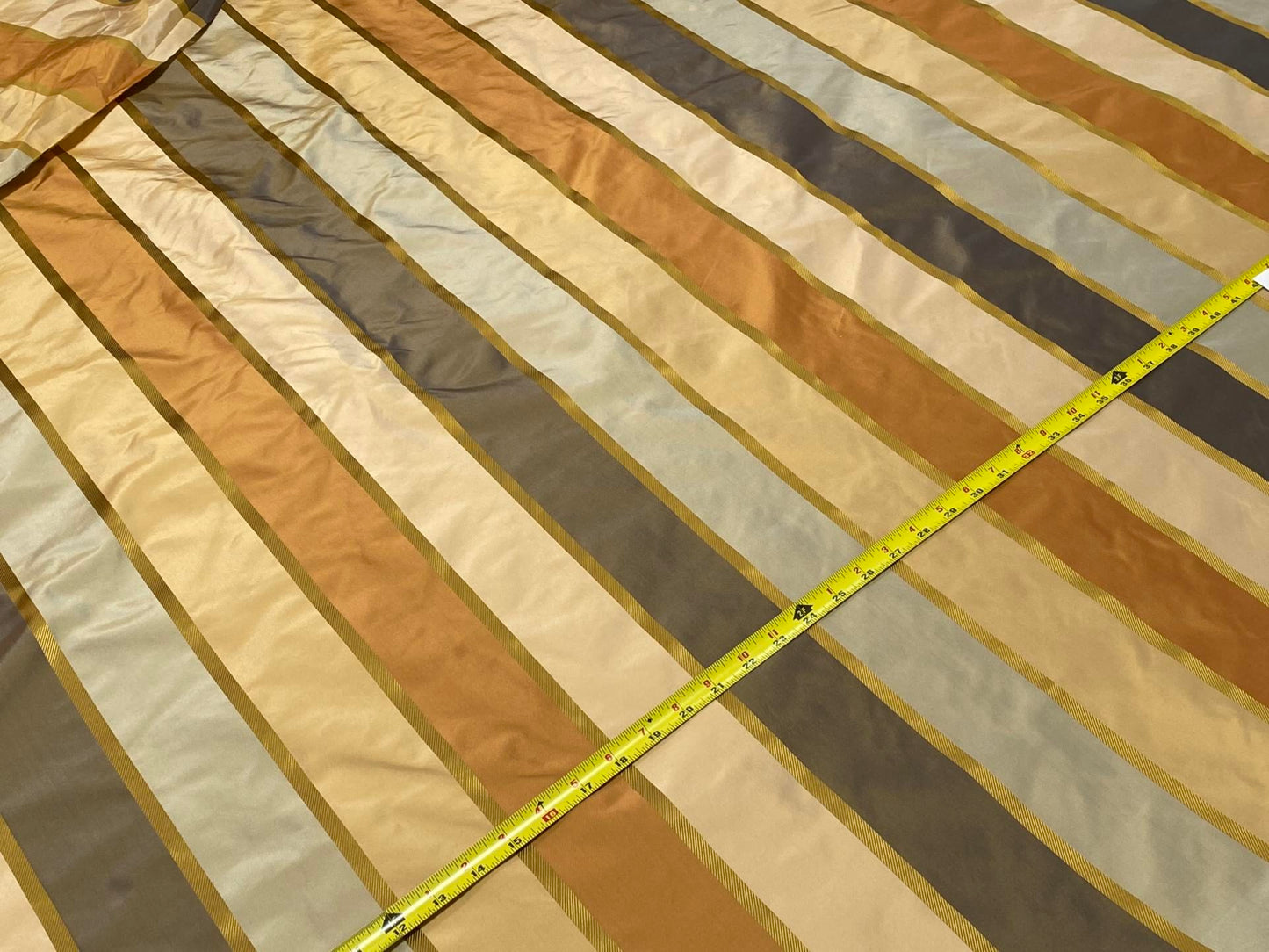 Clarence House 100% Silk Taffeta Satin Stripe Copper Red, Light Blue, Smoky Teal Blue and Gold MSRP USD250+/Y