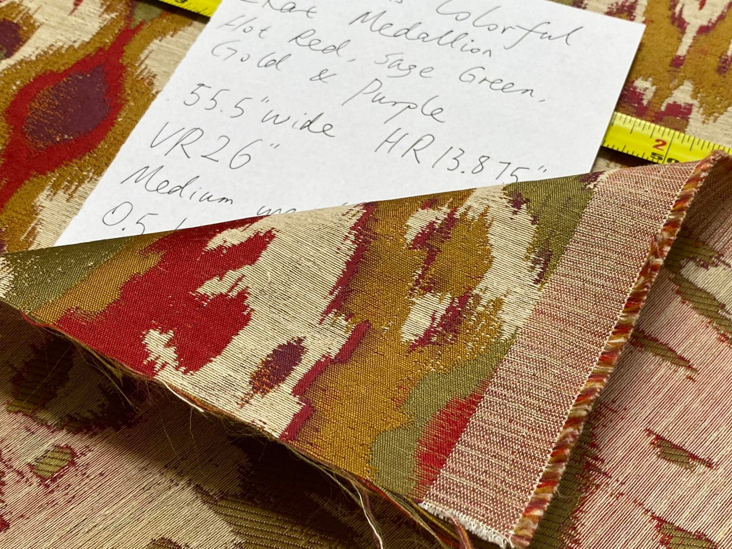 S. Harris Colorful Tapestry Ikat Medallion Spice Hot Red Saffron Green Gold Purple Faux Silk MSPR USD150