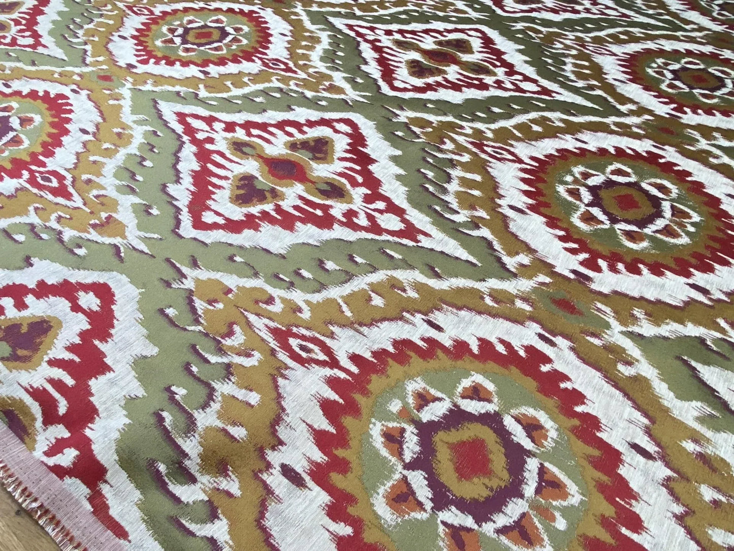 S. Harris Colorful Tapestry Ikat Medallion Spice Hot Red Saffron Green Gold Purple Faux Silk MSPR USD150