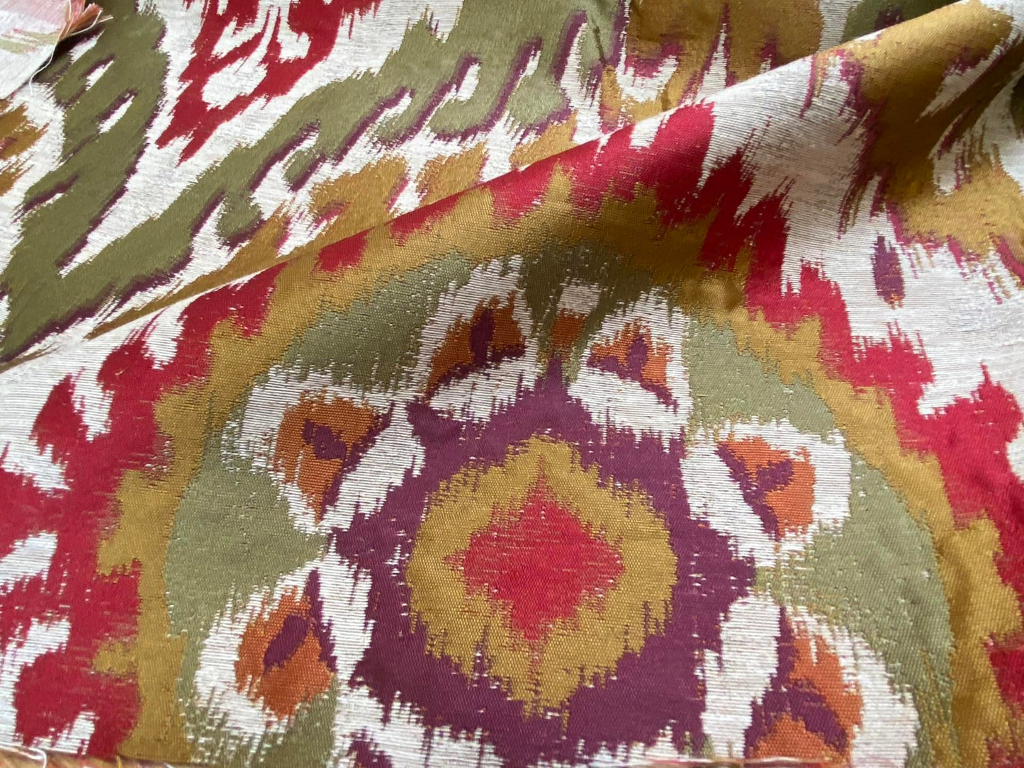 S. Harris Colorful Tapestry Ikat Medallion Spice Hot Red Saffron Green Gold Purple Faux Silk MSPR USD150