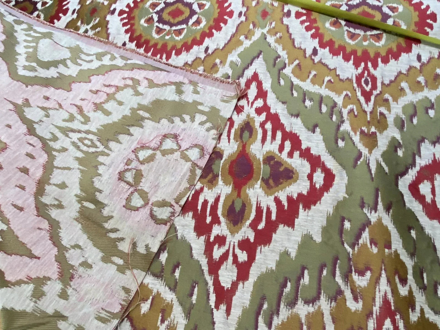 S. Harris Colorful Tapestry Ikat Medallion Spice Hot Red Saffron Green Gold Purple Faux Silk MSPR USD150