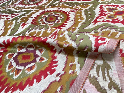 S. Harris Colorful Tapestry Ikat Medallion Spice Hot Red Saffron Green Gold Purple Faux Silk MSPR USD150