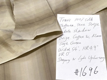 Prestigious Travers 100% Silk Taffeta Strie Shadow Stripe Beige Coffee Muted Grey Sage Green Brilliant MSRP USD290/Y