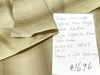 Prestigious Travers 100% Silk Taffeta Strie Shadow Stripe Beige Coffee Muted Grey Sage Green Brilliant MSRP USD290/Y