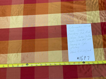 Stunning Schumacher 100% Silk Dupioni Plaid Square Raspberry Pink Red Orange Butter Yellow Gold