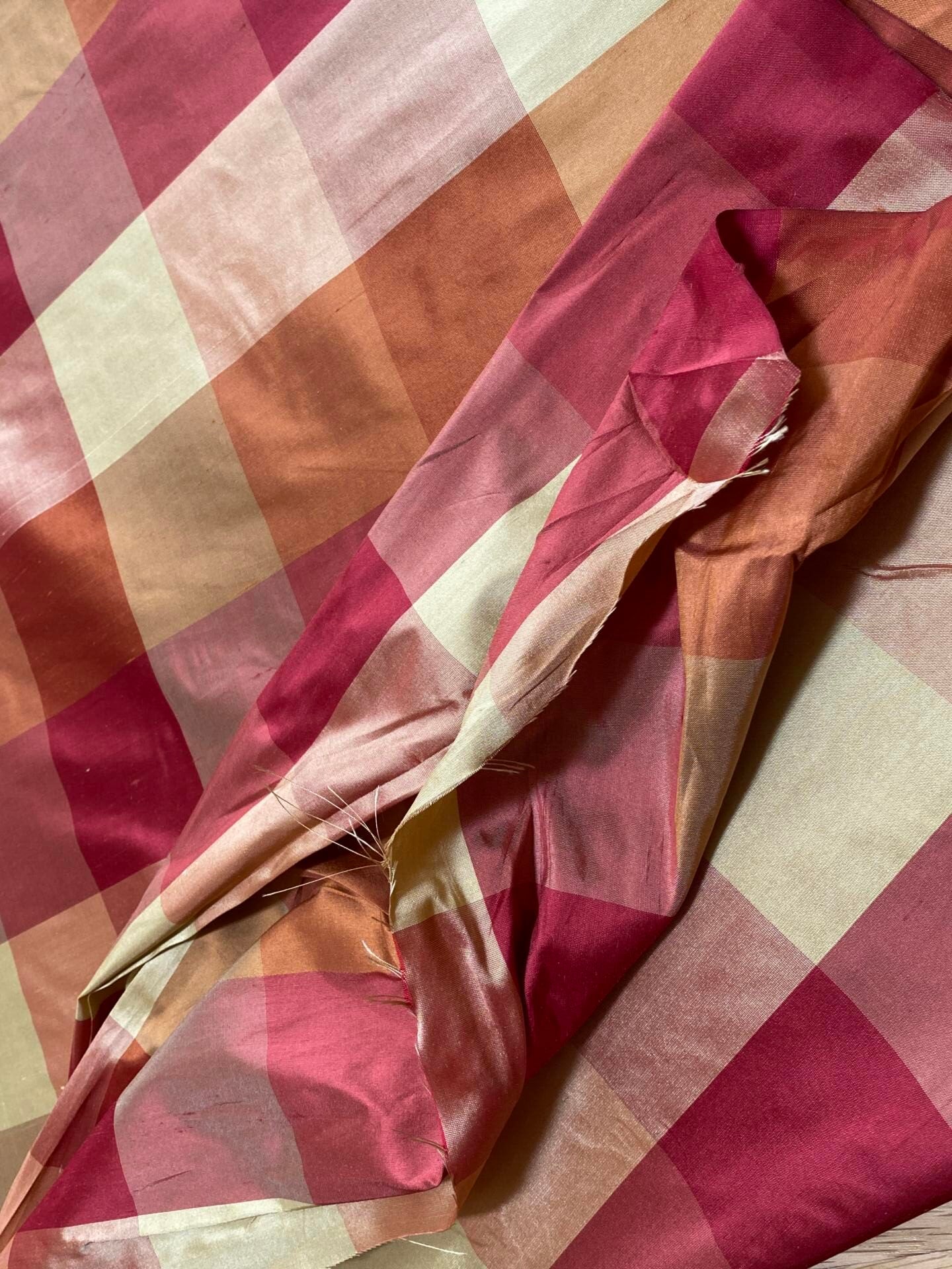 Stunning Schumacher 100% Silk Dupioni Plaid Square Raspberry Pink Red Orange Butter Yellow Gold