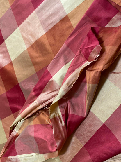 Stunning Schumacher 100% Silk Dupioni Plaid Square Raspberry Pink Red Orange Butter Yellow Gold