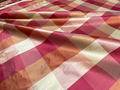 Stunning Schumacher 100% Silk Dupioni Plaid Square Raspberry Pink Red Orange Butter Yellow Gold