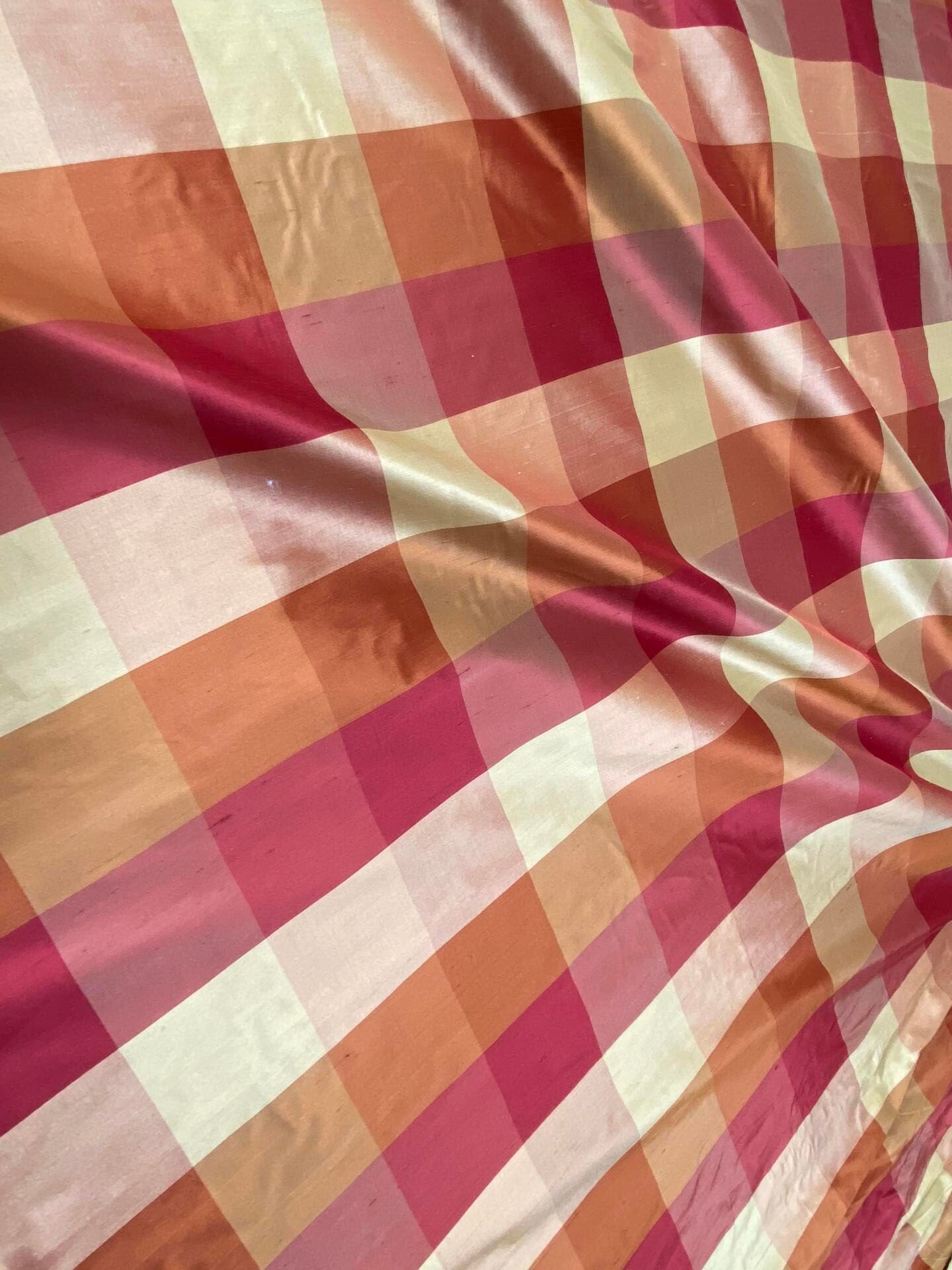 Stunning Schumacher 100% Silk Dupioni Plaid Square Raspberry Pink Red Orange Butter Yellow Gold