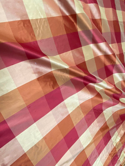 Stunning Schumacher 100% Silk Dupioni Plaid Square Raspberry Pink Red Orange Butter Yellow Gold