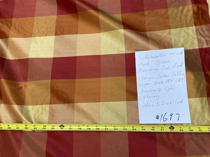 Stunning Schumacher 100% Silk Dupioni Plaid Square Raspberry Pink Red Orange Butter Yellow Gold