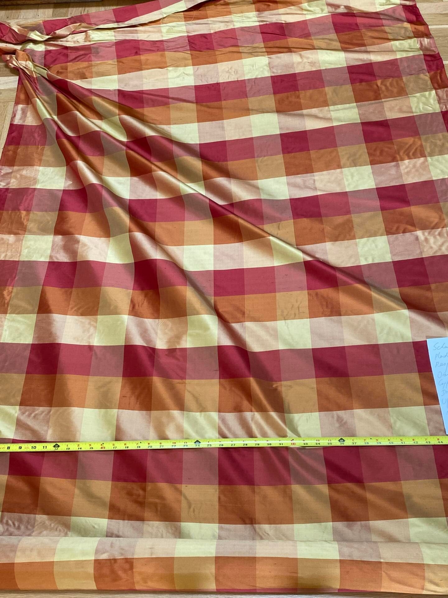 Stunning Schumacher 100% Silk Dupioni Plaid Square Raspberry Pink Red Orange Butter Yellow Gold