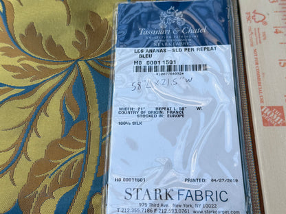 2 Berkbox106 58" x 21.5" Scalamandre Tassinari &amp; Chatel Les Ananas in Bleu Historical Silk Lampas Pineapple Neoclassical