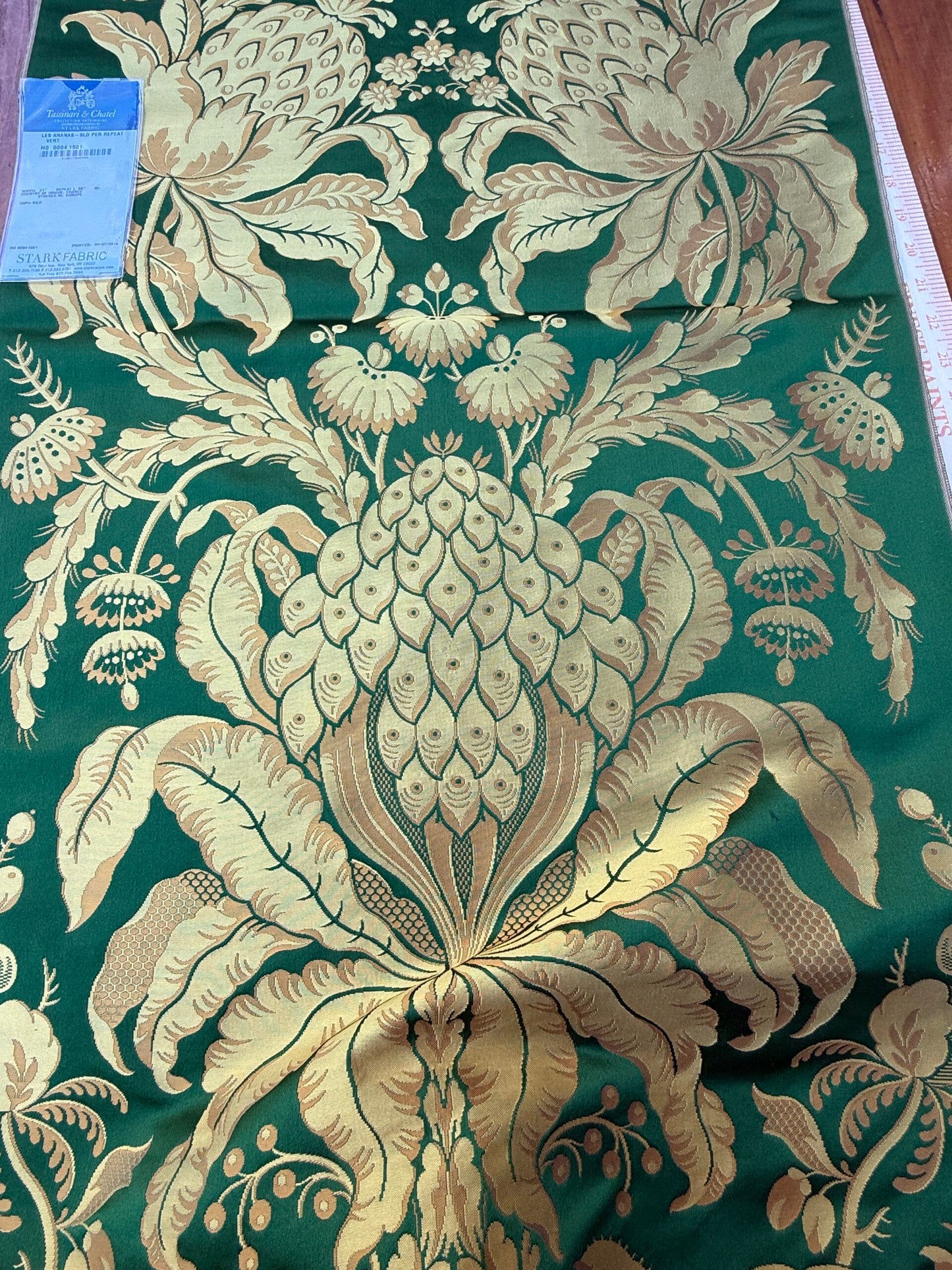 4 Berkbox106 58" x 21.5" Scalamandre Tassinari &amp; Chatel Les Ananas in Vert Green Historical Silk Lampas Pineapple Neoclassical