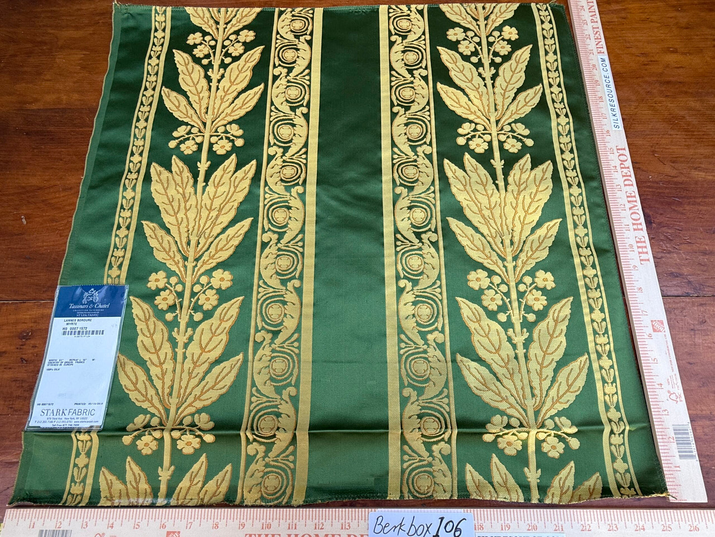 7 Berkbox106 24" x 25" Square Scalamandre Tassinari &amp; Chatel Lannes Bordure Myrte Green Gold Silk Floral Neoclassical Stripe MSRP USD2580/y