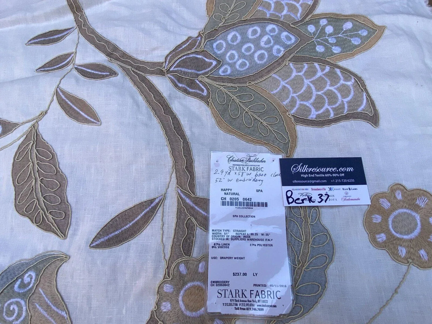 1 Berkbox37 Length Scalamandre Happy In Natural Embroidery Large Scale Crewel White Gray 2.4yds MSRP USD 474/yard